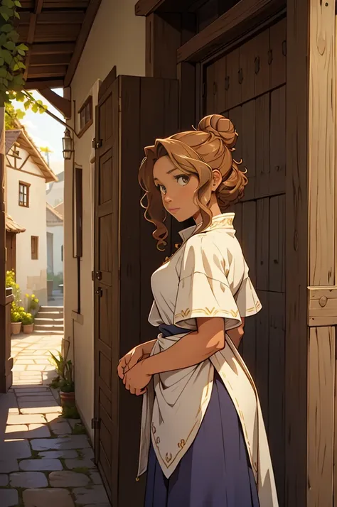 standing alone, female, bard, standing, gazing at viewer, skin tanned, fantasy village, Linen tunic, layer, Light brown bun hair, curly hair, Destaca-se