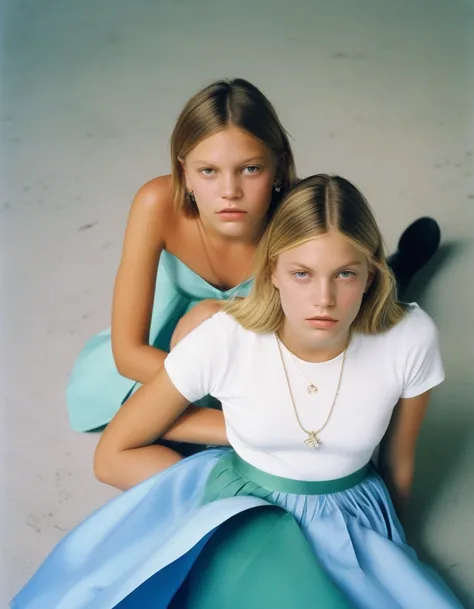 Two girls sitting on the ground ((with skirts):1.9), looking at the camera, Two girls, young girls, Im Stil von Alasdair McLellan, inspired by Martin Schoeller, als Mode-Editorial der 90er, Girls resting, Sisters, im Stil von Petra Collins, Young teenagers...