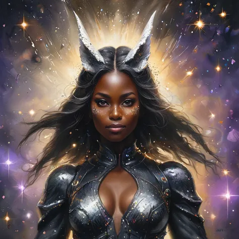 a battle angel portrait, beautiful black skin with sparkles and glitter, long long hair, shiny and lightening eyes detailed skin...