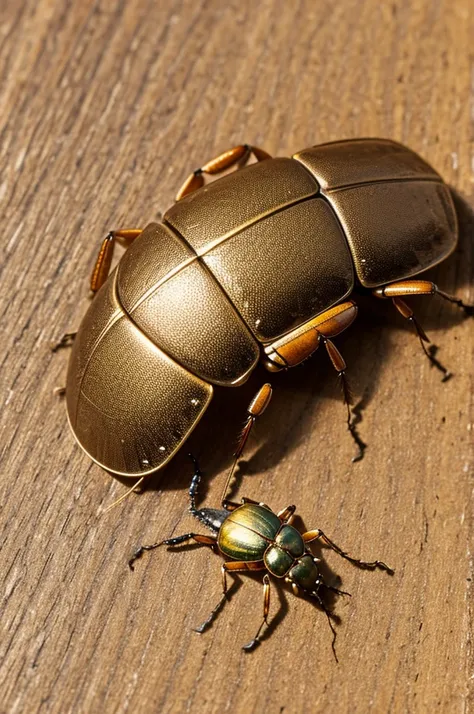 A bronze beetle crawls along a light brown board