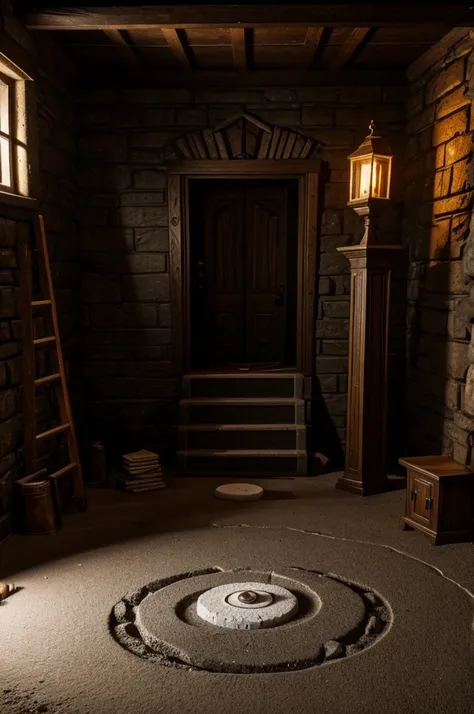 The basement of the house, with an ancient spell book on a pedestal and a circle of salt on the ground, surrounding a small wooden figure with empty and sinister eyes.