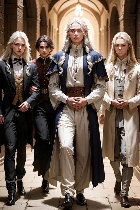 Three young men wearing noble clothes, medieval style, are framing a fourth boy. the fourth boy has long white hair and wears simple clothes, but your gaze is firm and fearless. corridor of a mansion.