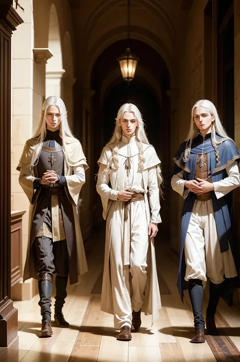 Three young men wearing noble clothes, medieval style, are framing a fourth boy. the fourth boy has long white hair and wears simple clothes, but your gaze is firm and fearless. corridor of a mansion.