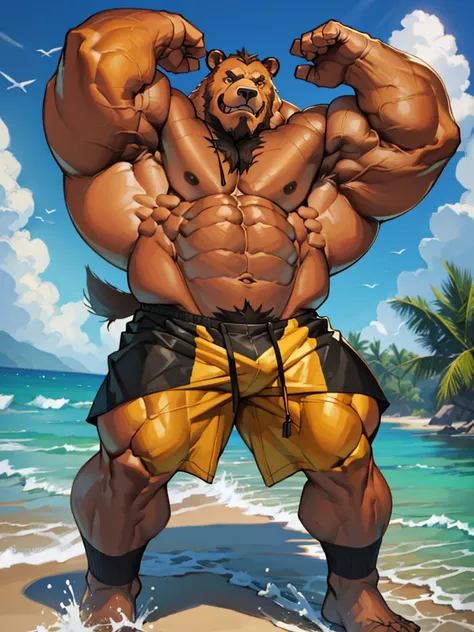 Solo, 1boy, beach, extremely huge muscular, massive muscular, full-body, well-muscled Grizzly bear. ((extremely muscle size, super thick arms, huge pec, extremely wide pectoral, huge arms)).  Black swim trunks, and add details to make it attractive and int...