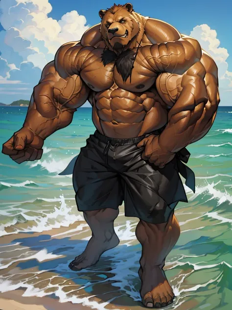 Solo, 1boy, beach, extremely huge muscular, massive muscular, full-body, well-muscled Grizzly bear. ((extremely muscle size, super thick arms, huge pec, extremely wide pectoral, huge arms)).  Black swim trunks, and add details to make it attractive and int...