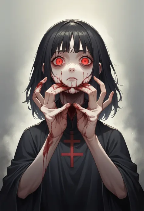 Best Quality)), ((Masterpiece)), (detailed: 1.4), black dress, dark black hair, black hime cropped fur, bright red eyes, dark background, dark environment, scary, This is Junji, June is inspired, inspired by japanese horror, hands up, open fingers, graspin...