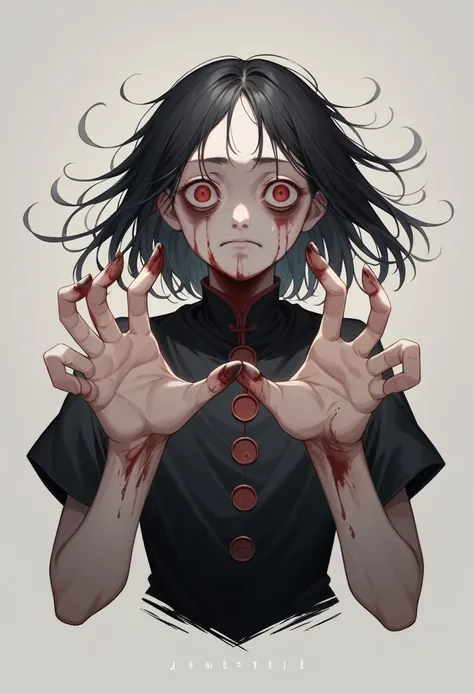 Best Quality)), ((Masterpiece)), (detailed: 1.4), black dress, dark black hair, black hime cropped fur, bright red eyes, dark background, dark environment, scary, This is Junji, June is inspired, inspired by japanese horror, hands up, open fingers, graspin...