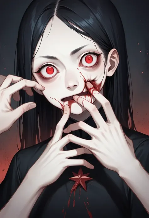 Best Quality)), ((Masterpiece)), (detailed: 1.4), black dress, dark black hair, black hime cropped fur, bright red eyes, dark background, dark environment, scary, This is Junji, June is inspired, inspired by japanese horror, hands up, open fingers, graspin...