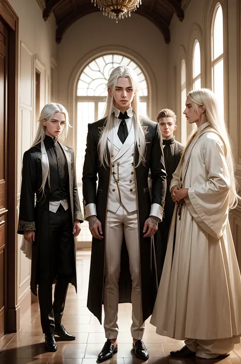 Three young men wearing noble clothes, are framing a boy with long white hair and wearing simple clothes, but your gaze is firm and fearless. corridor of a mansion.