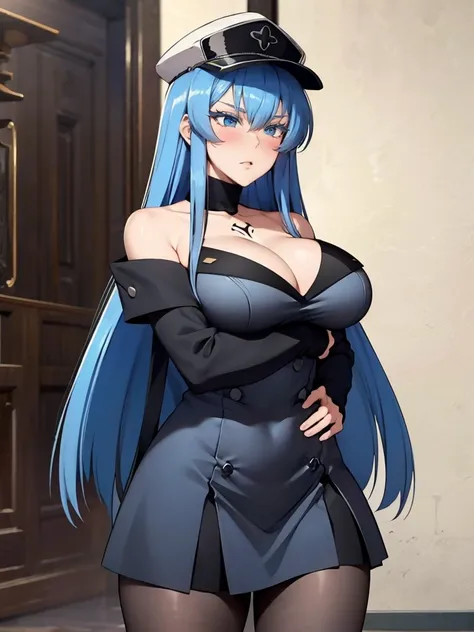 (artwork, best quality) a girl with long blue hair, blue eyes, blue eyelashes, black mini skirt, long black pantyhose, black off shoulder dress, wearing black captains hat, tattoo, big breasts, perfect body, 4k hd, blushing, embarrassed, in a room