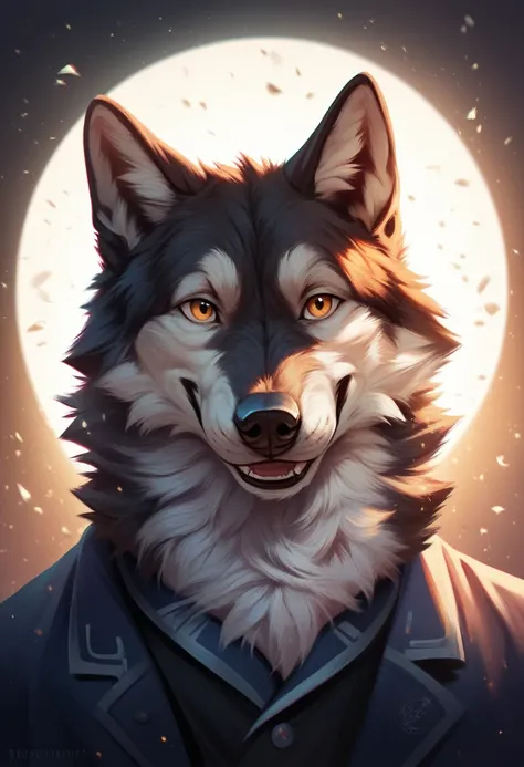 solo male, wolf, realistic wolf furry, smiling, white fur, Black fur stripe, netral, Traumatized face, dynamic lighting, illustration, beautiful, particles (high quality,4k,8k,highres,masterpiece:1.2), ultra-detailed, impressionistic:colorful,