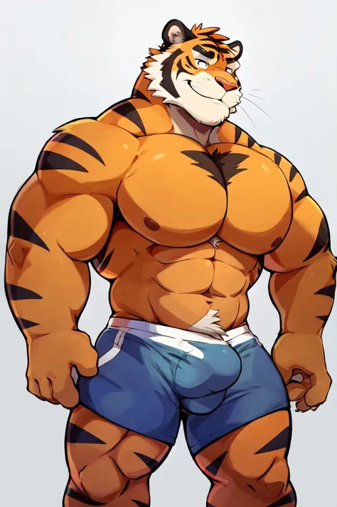 Tiger, By Haps, 1boy, abs, animal ears, bara, bulge, full body, white background, Seminude, Boxers, Character sheet Reference, Full body, backwards