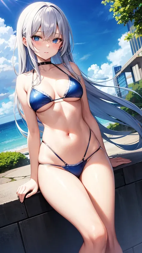 anime girl with silver hair, blue eyes, bikini,  spread everywhere