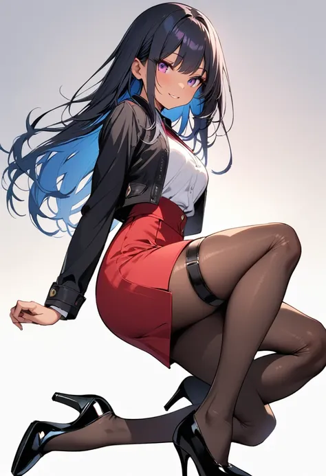 (masterpiece:1.2),Highest quality,Pixiv ,One girl,alone,Long Hair,pantyhose,skirt,View your viewers,High heels,smile,Black footwear,red skirt,White background only,Long sleeve,whole body,high-waist skirt,From the side,One knee,Black Hair,pencil skirt,Thigh...