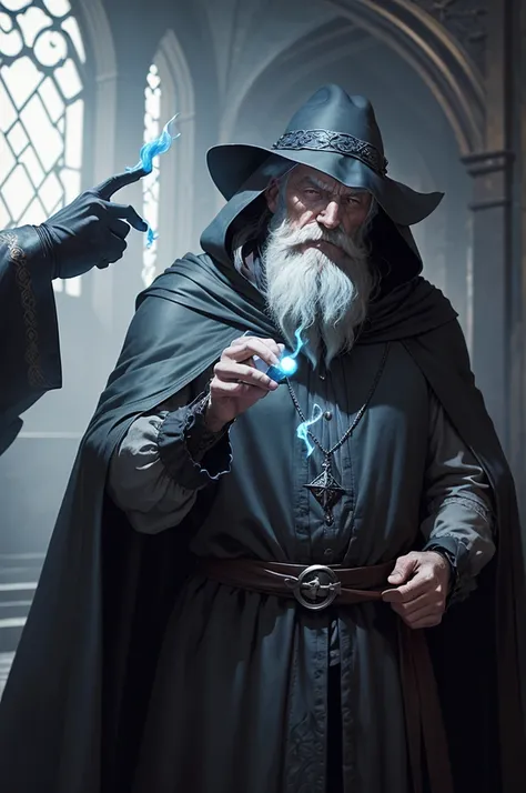 An old man wearing a black cloak, his hand is outstretched, over his hand floats a handful of magical blue flame, the old man has a long beard and a mysterious and mischievous look. Interior of a mansion, Fantasy world. ((best qualityer)), ((work of art)),...