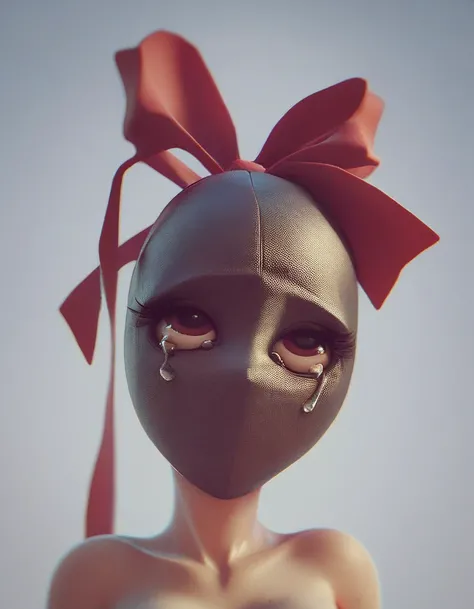 angle, mask, ribbon, sad, tears, humanoid, female, solo, simple, arms, legs, 3d, source, red ribbons