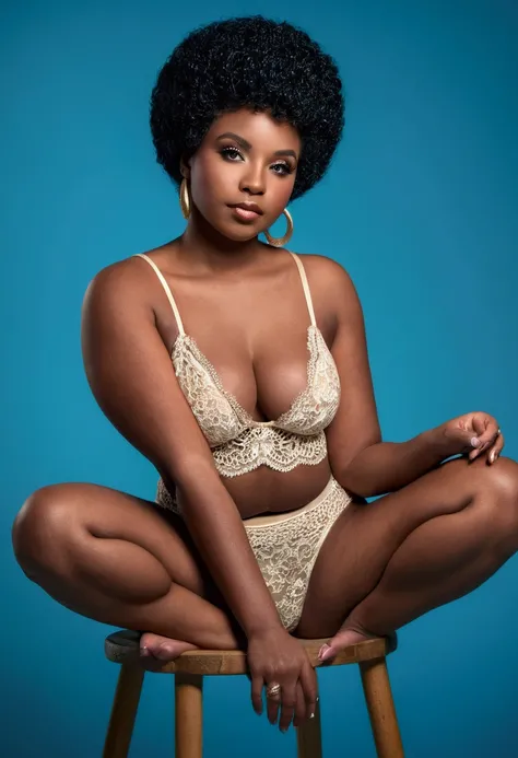 Feminine girl, short black afro hair, dark skin, curvy model (hips, buttocks), perfect anatomy (perfect hands and face), photo studio (lace clothes), professional photography, sitting, blue background, makeup, lights, close up focus, curvy model, real, ski...