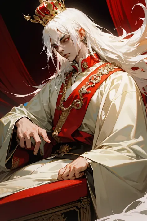 regal anime king with striking white hair cascading down to his shoulders and piercing red eyes that glow with intensity, positioned on a grand, ornate throne, lavish jade crown resting on his brow, opulent royal robes wrapped around his strong frame, diml...