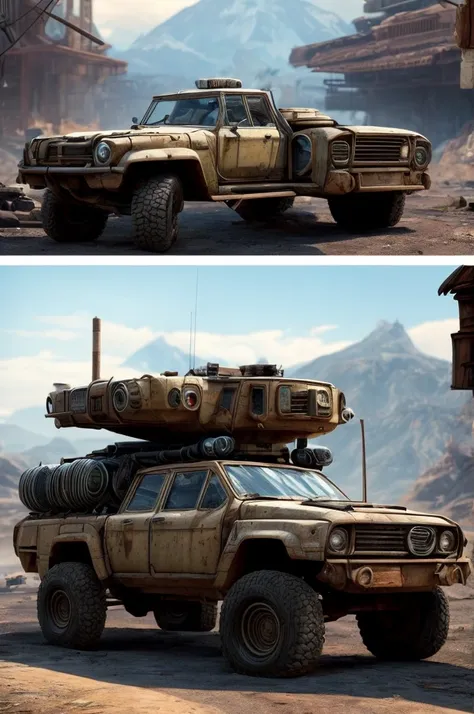 Create imaginative and amazing images of a vehicle, which is a mixture of two or more everyday objects. The design of the vehicle should be very creative and unique. The vehicle should fit into the Fallout video game universe, but at the same time have a s...