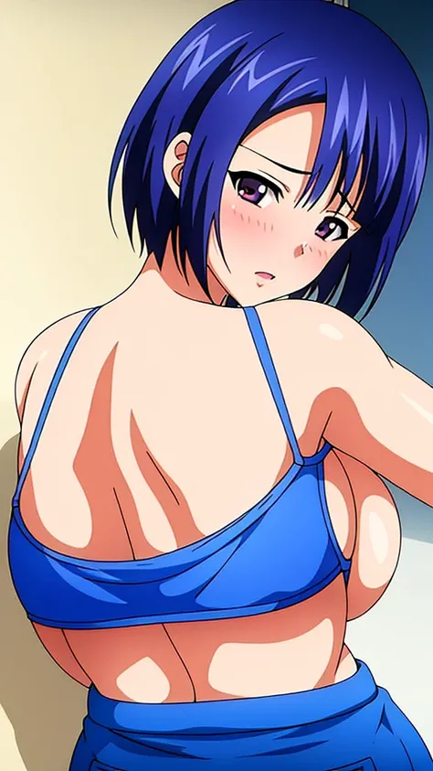 Akira Makino, blue hair, short hair, purple eyes, boobs, big , ass, big ass, big bottom, milk on face, milk on , milk in ass, underwear