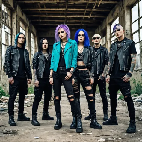 (Masterpiece, 8K, UHD, high resolution: 1.4), realistic photo of 5 members of a nu metal band, (2 women and 3 men: 1.2), (wearing 2000s nu metal style clothing: 1.3), (confident and dynamic pose for promo photo: 1.2), (background of an abandoned and worn-d...