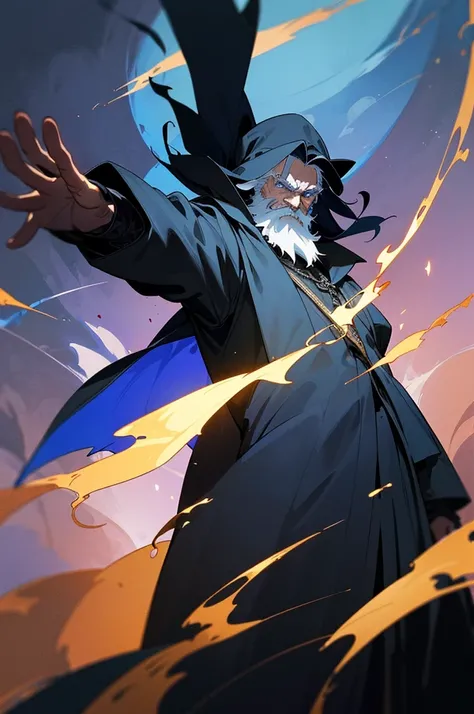 An old man wearing a black cloak, his hand is outstretched, over his hand magical blue flames float, long beard and mysterious and mischievous look. Interior of a mansion, Fantasy world. ((best qualityer)), ((work of art)), (detailded)) ((anime styling))