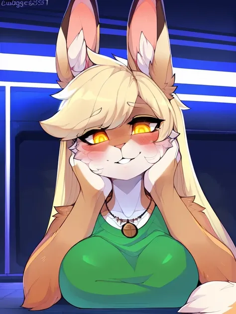 Close up, (highly detailed), ((Best Quality)), by claweddrip, by ressue, by pudgeruffian, by fleet-foot, by thericegoat, solo, slim body, female, rabbit, (rabbit tail), (lop ears:1.4), blonde hair, long straight hair, blush, (shaded face), (paws on own che...