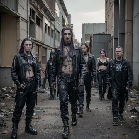 (Masterpiece, 8K, UHD, high resolution: 1.4), realistic photo of 5 members of a nu metal band, (2 women and 3 men: 1.2), (wearing 2000s nu metal style clothing: 1.3), (confident and dynamic pose for promo photo: 1.2), (background of an abandoned and worn-d...