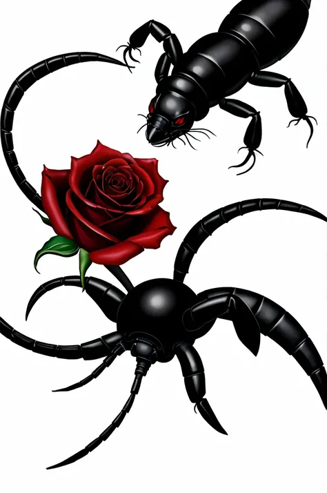 black scorpion combined with a rose on a white background