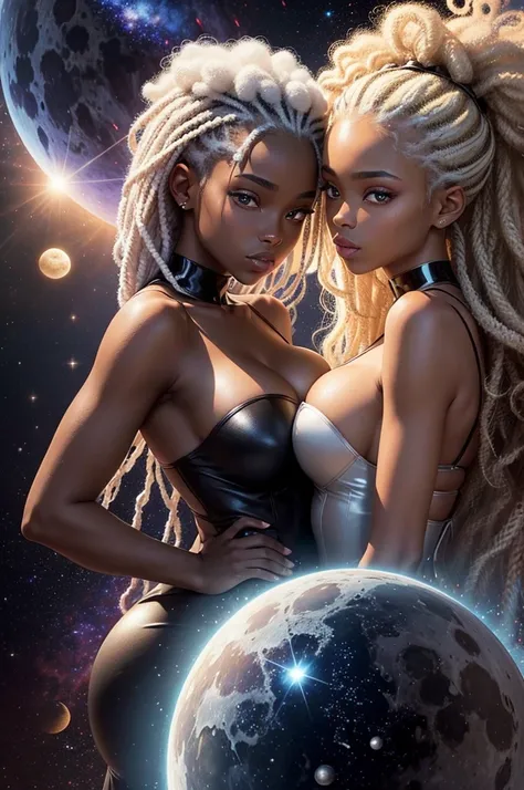 black twin sisters, moon and sun, magie, background of a galaxy, one with blonde hair and the other with white hair, [[dark ski]], afro, darkskin