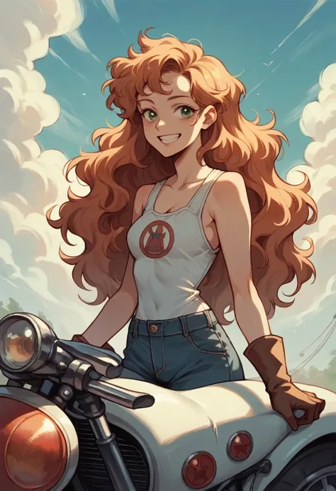 Create a young woman of 26 years with straight wavy hair and white skin fixing a classic motorcycle smiling 