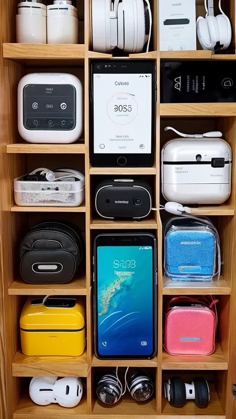 Create a picture of a shelf with cell phones headphones, chargers and other electronics 