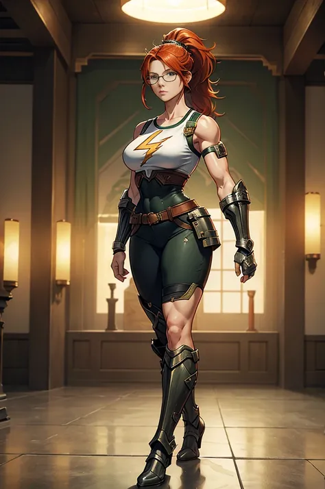 ((Full body photo, standing, feet on the floor)) (2woman),woman walking on way,redhead,huge hair ,ponytail hair,green eyes,fine face,muscular,strong arms,strong lags,(vambrace),(vambrace),(metal vambrases),(((Gauntlet))),t-shirt,white t-shirt,big boots,lig...