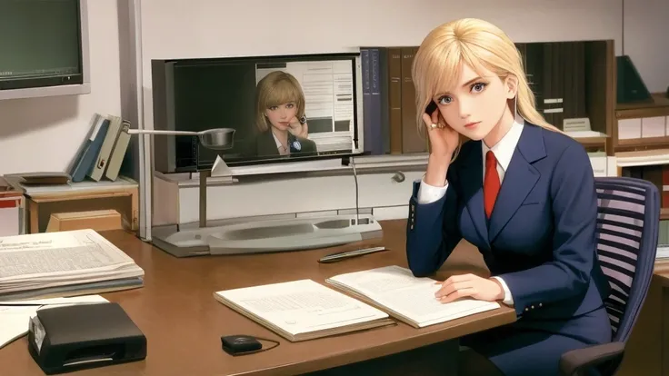 /draw blond woman sitting at desk talking on telephone with computer monitor, 1 9 8 0 s business fashion, business woman, 1 9 8 0 s woman, woman in business suit, young business woman, denis velleneuve, female in office dress, sat at her desk, female lawye...