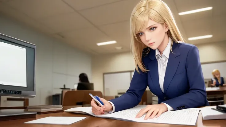 /draw blond woman sitting at desk talking on telephone with computer monitor, 1 9 8 0 s business fashion, business woman, 1 9 8 0 s woman, woman in business suit, young business woman, denis velleneuve, female in office dress, sat at her desk, female lawye...