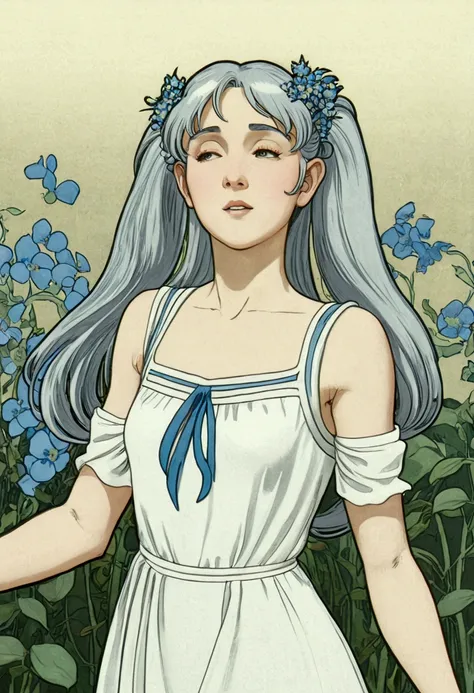 masterpiece, best quality,
closed eyes, silver hair, solo,bangs, ((art nouveau)), ((blue flowers)), elf, long silver hair, ((pon...