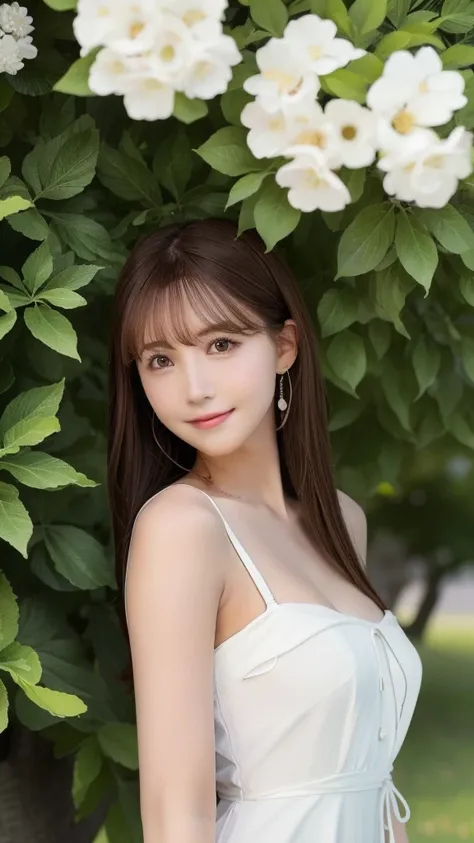 19-year-old girl, (White dress), RAW Photos, Highest quality, Realistic, Very delicate and beautiful, Very detailed, 8k wallpaper, High resolution, Soft Light, Full Body Shot、Very detailed目と顔, Beautiful and detailed nose, Fine and beautiful eyes, Cinema Li...