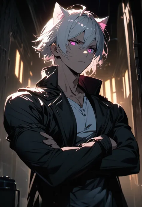 young man, short white hair, pink eyes, Cats ear, black overcoat , slightly muscular body, detailed lighting, crossed arms, well-lit