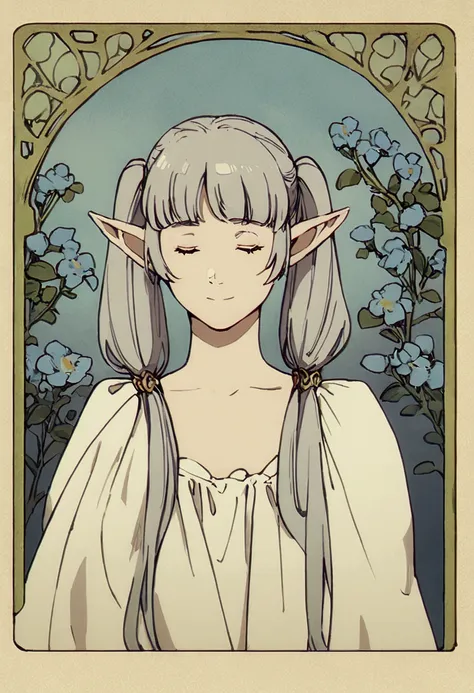 masterpiece, best quality,
closed eyes, silver hair, solo,bangs, ((art nouveau)), ((blue flowers)), elf, long silver hair, ((pon...