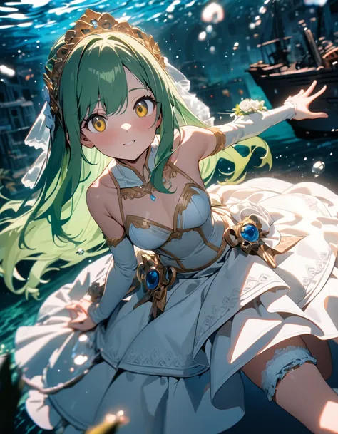 (8K, best quality, master piece: 1.2),super high resolution,1 girl,18yo,solo,ultra-detailed face,deep detailed eyes,gold eyes,(wedding dress,bikini:1.2),Bridal garter,green hair,green hair, long hair,(Butterfly stroke in clear ocean),sunken ship,Cinema lig...