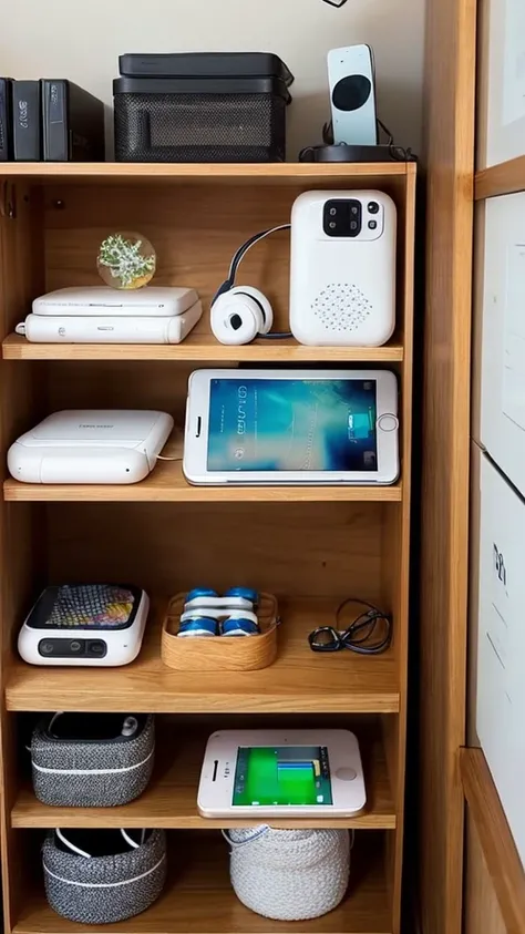 Create a picture of a shelf with cell phones headphones, new chargers and other electronics for sale 