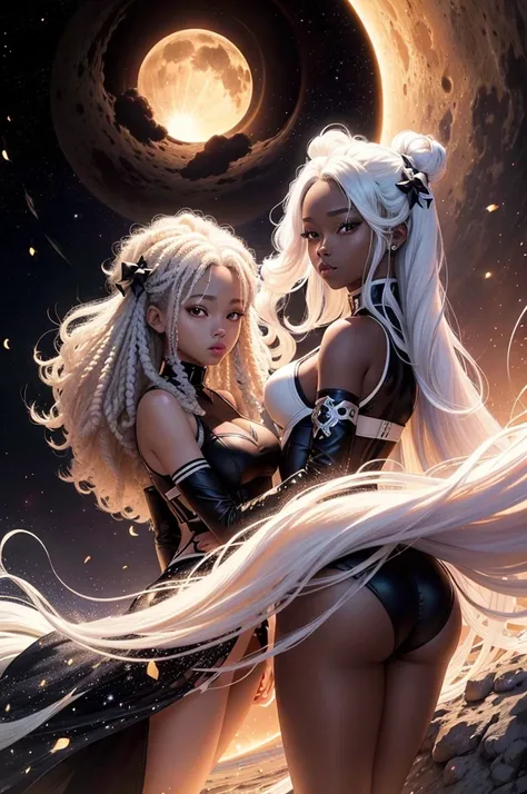 black twin sisters, moon and sun, magie, background of a galaxy, one with blonde hair and the other with white hair, [[dark ski]], afro, darkskin, Perfect Anatomia, black and white kpop outfit