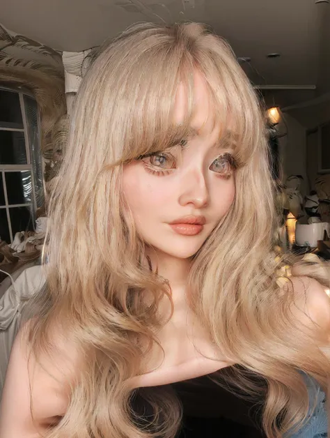 blond woman with long hair and blue eyes posing for a picture, with bangs, portrait of kim petras, long blonde hair and large ey...