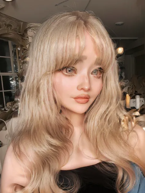 blond woman with long hair and blue eyes posing for a picture, with bangs, portrait of kim petras, long blonde hair and large ey...