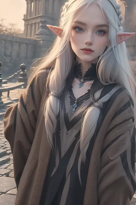 Mysterious elf，portrait，She has long flowing hair，Sharp blue eyes，pale skin，（elf ears），Wear noble clothing and jewelry，Tough yet elegant,（best quality，high resolution，masterpiece：1.2），（Super fine，clear focus），（lifelike，Photo lifelike：1.37），（bright colors，d...