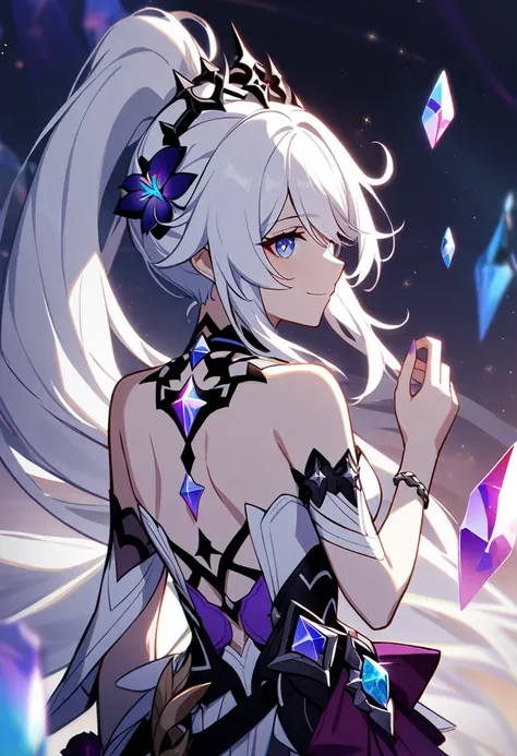 1girl, Kiana Kaslana (Ruler of Finality), Honkai Impact 3rd, ponytail, smile, crystal, gem, Star (symbol)