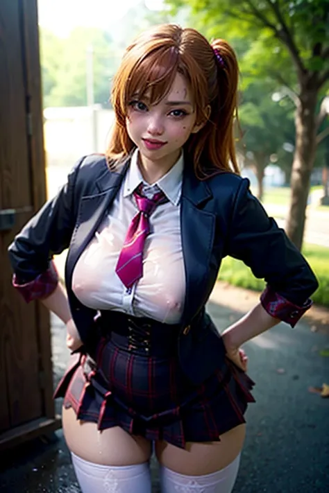 honoka dead or alive , steam , rain , plaid skirt , pleated skirt , Tight shirt , white Shirt , school girl , (masterpiece, best quality, hires, high resolution:1.2, 4k, 8k , high quality), extremely detailed, realistic, intricate details, highres , (large...