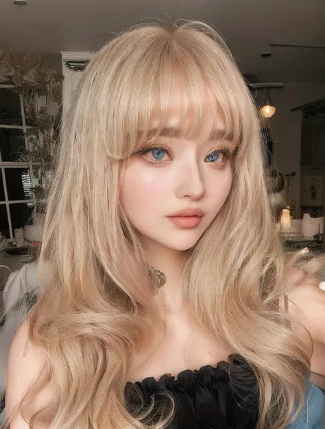 blond woman with long hair and blue eyes posing for a picture, with bangs, portrait of kim petras, long blonde hair and large ey...