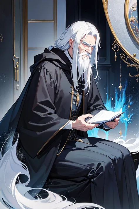 An old man with white hair wearing a black cloak, magical blue flames around, long beard and mysterious and mischievous look. Interior of a mansion, Fantasy world. ((best qualityer)), ((work of art)), (detailded)) ((anime styling))