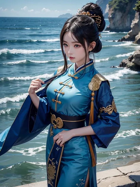 Chinese woman, eyeballs: Unripe, Height: 1,60m, body hair: far away, Color: Petroleum Blue, vestimentas : traditional Chinese culture, watching the ocean